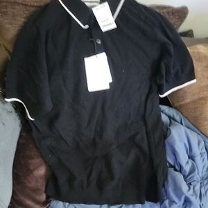 Men's Black Polo Shirt with White Piping - Classic Casual